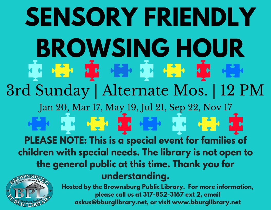 Teal Sensory Friendly Browsing Hour flyer with puzzle pieces, the library logo, and informational text about the program.