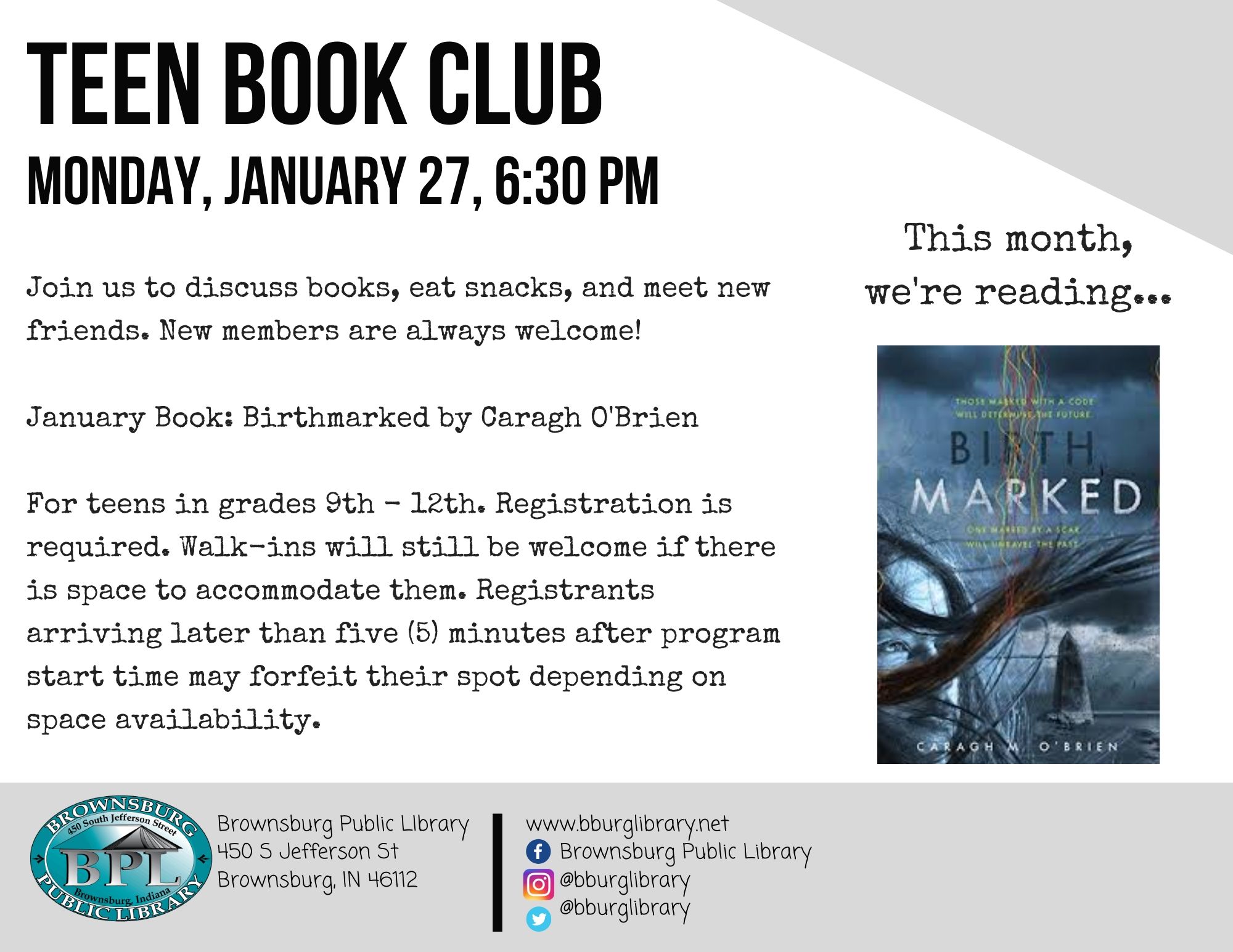 Teen Book Club January 27th at 6:30