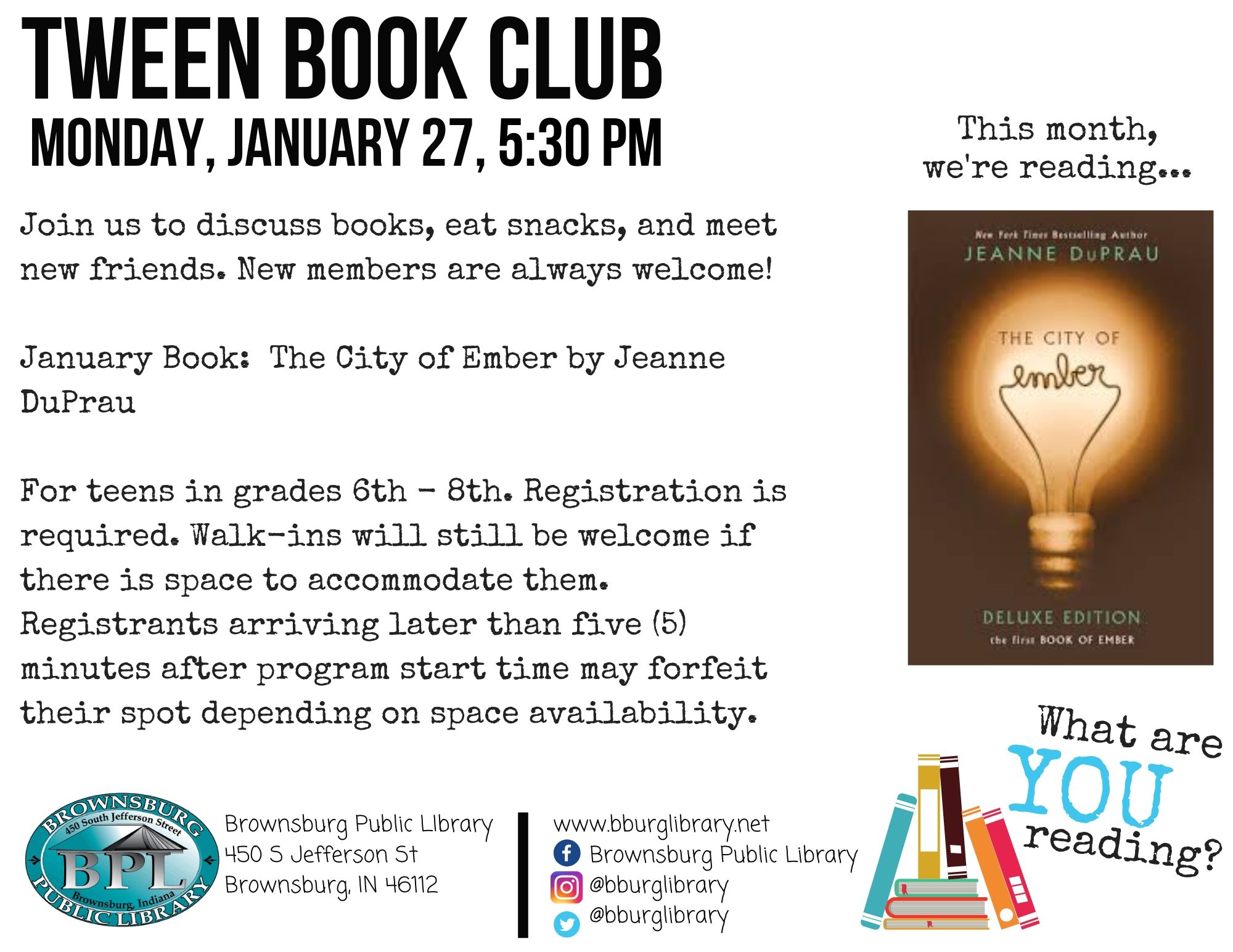 Tween Book Club January 27th at 5:30