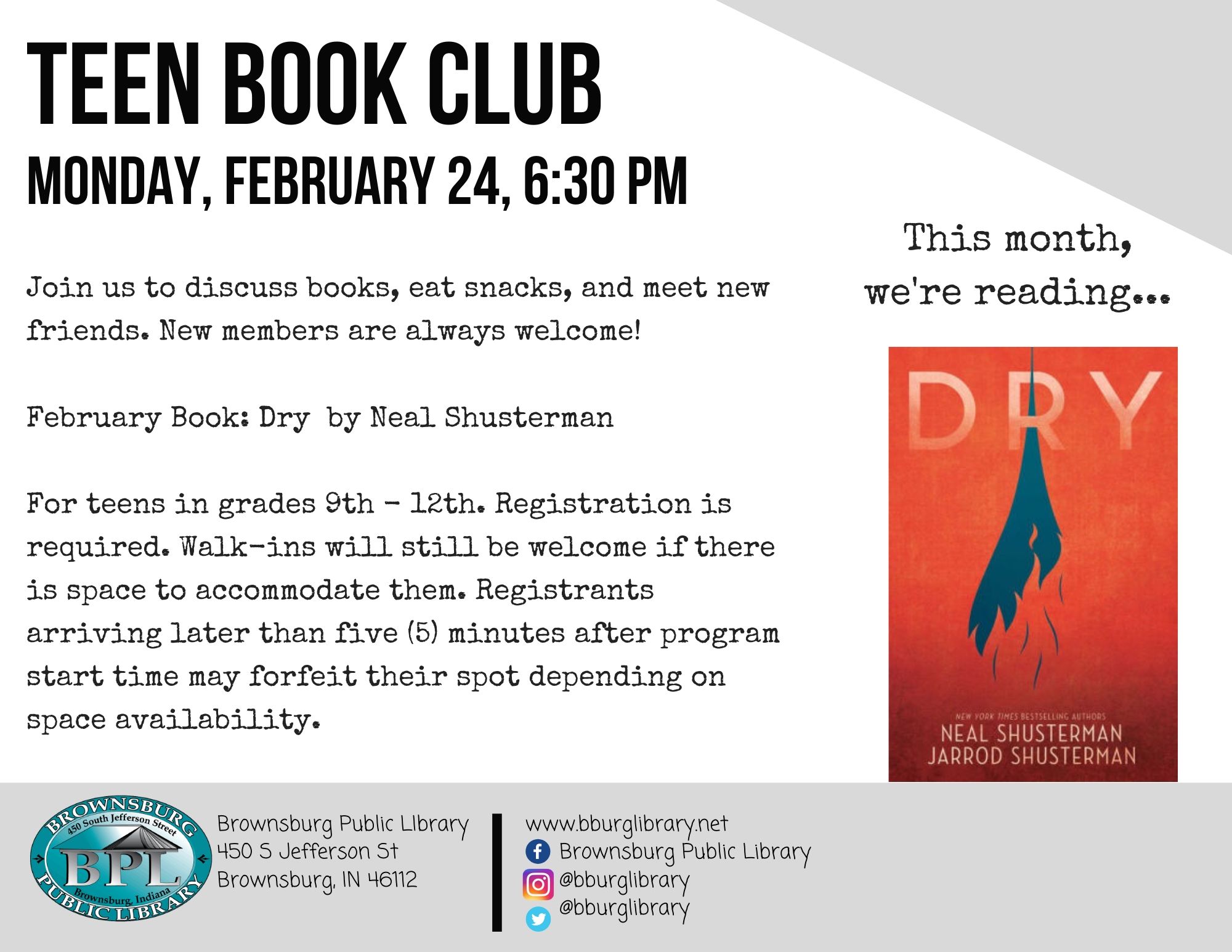 Teen Book Club Dry by Neal Shusterman February 24th at 6:30