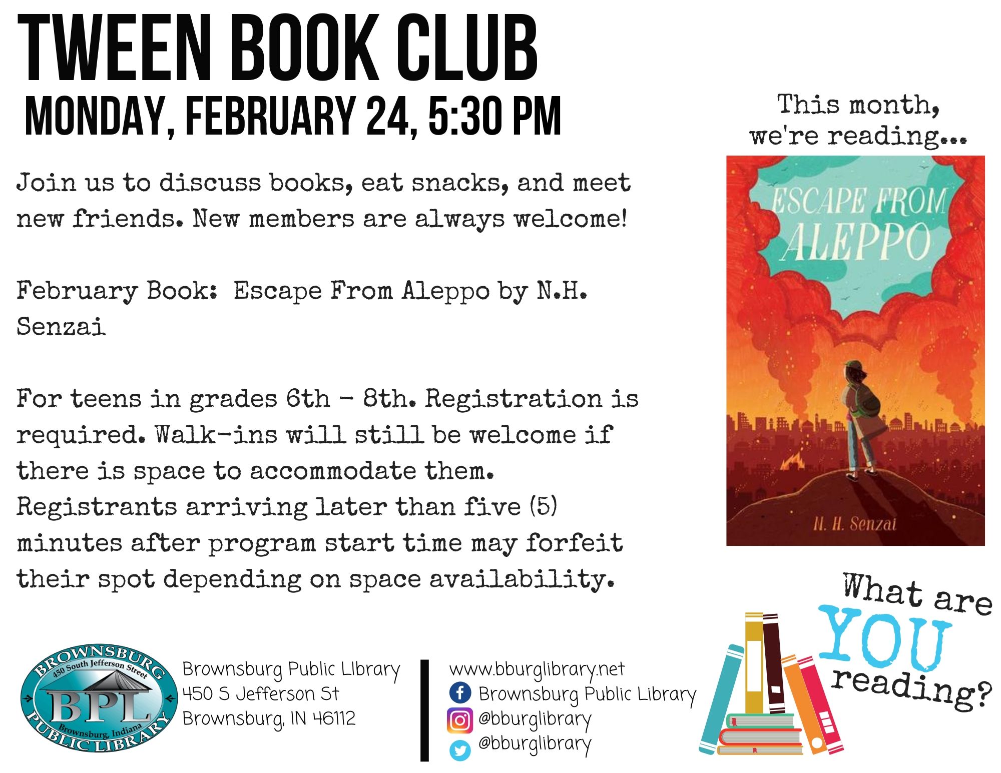 Tween Book Club Escape From Aleppo February 24th at 5:30