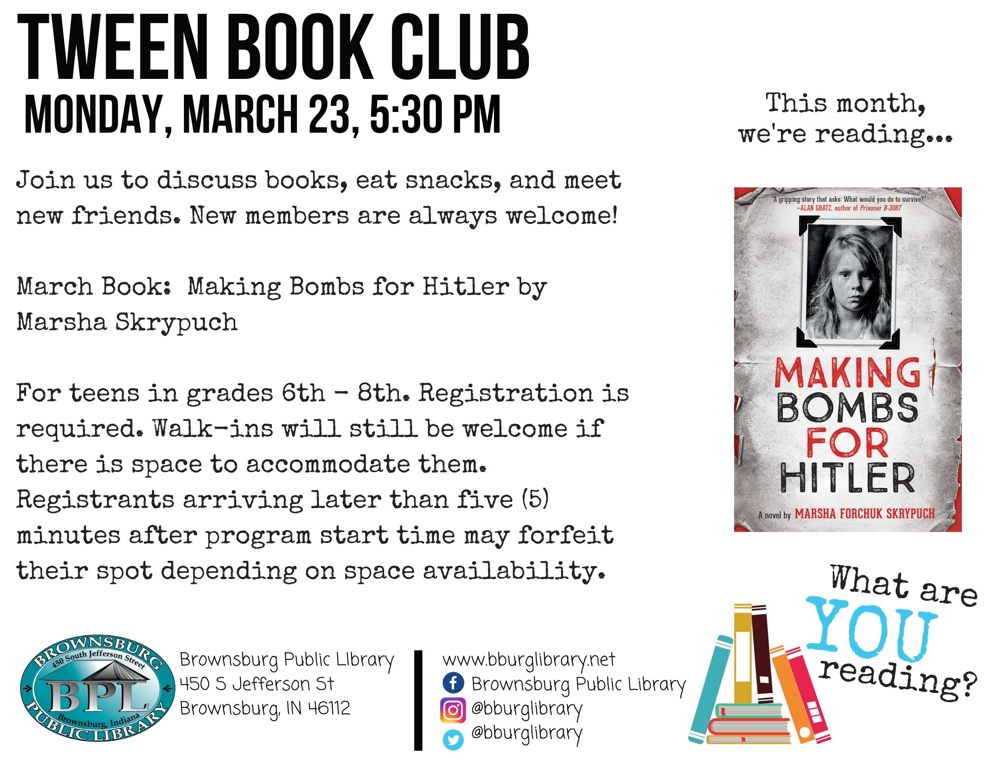 Tween Book Club Monday March 23 at 5:30