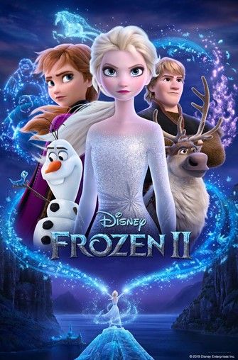 Movie poster for Frozen II showing Elsa, Anna, Olaf, Sven, and Kristoff with snow swirling around them