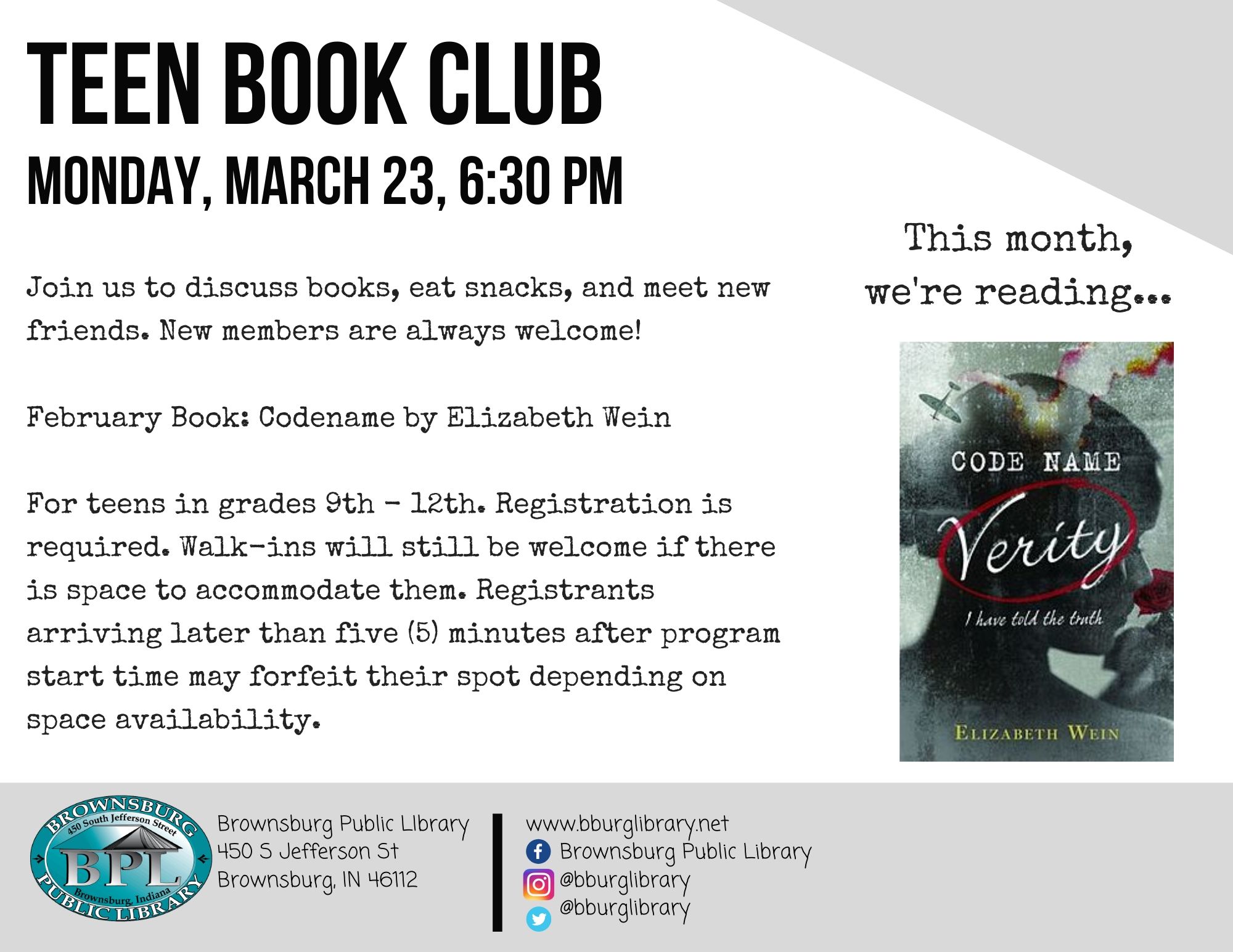 Teen Book Club Monday March 23 at 6:30