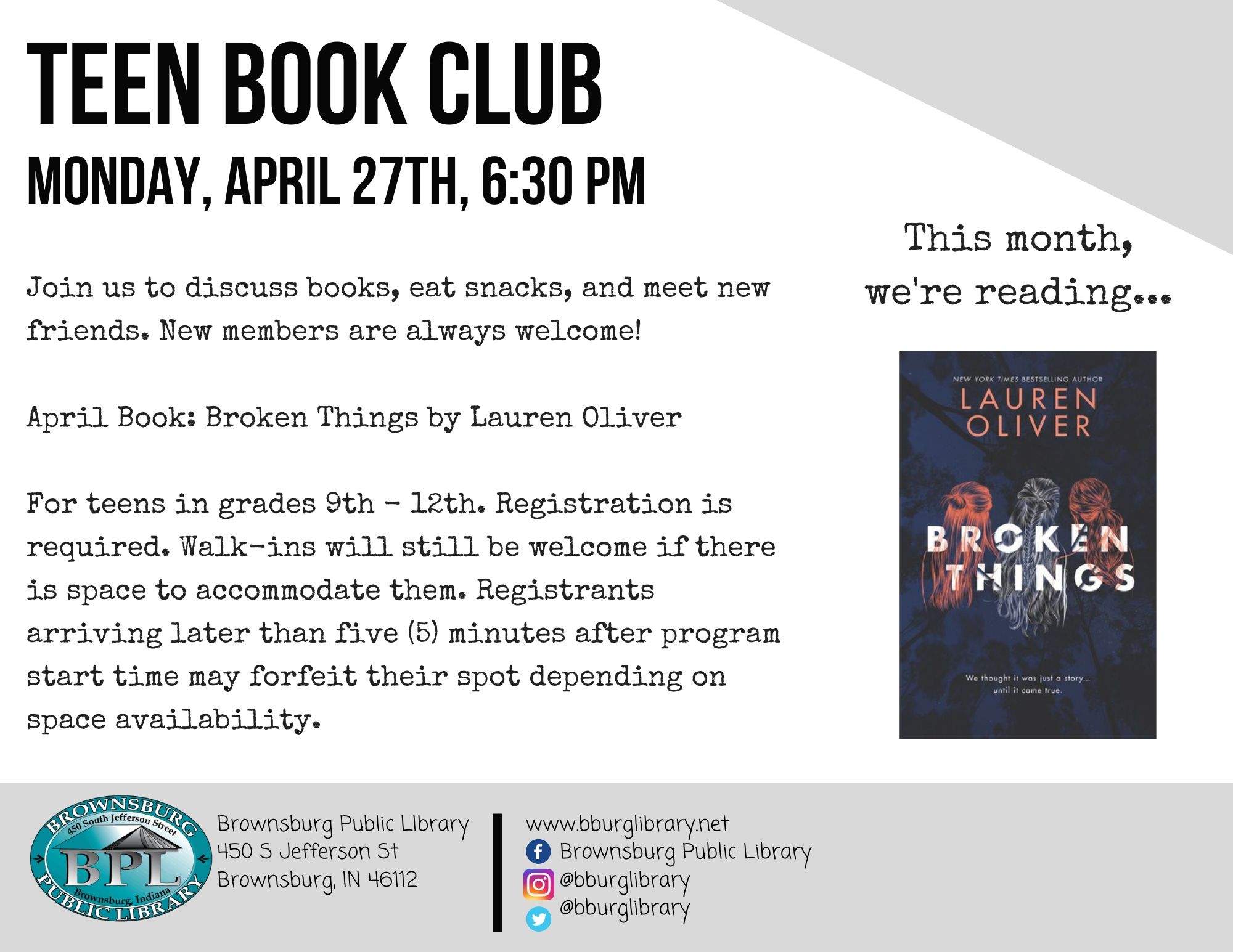 Teen Book Club April 27th at 6:30