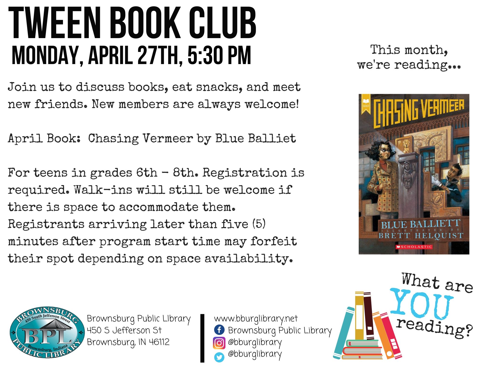 Tween Book Club April 27th at 5:30