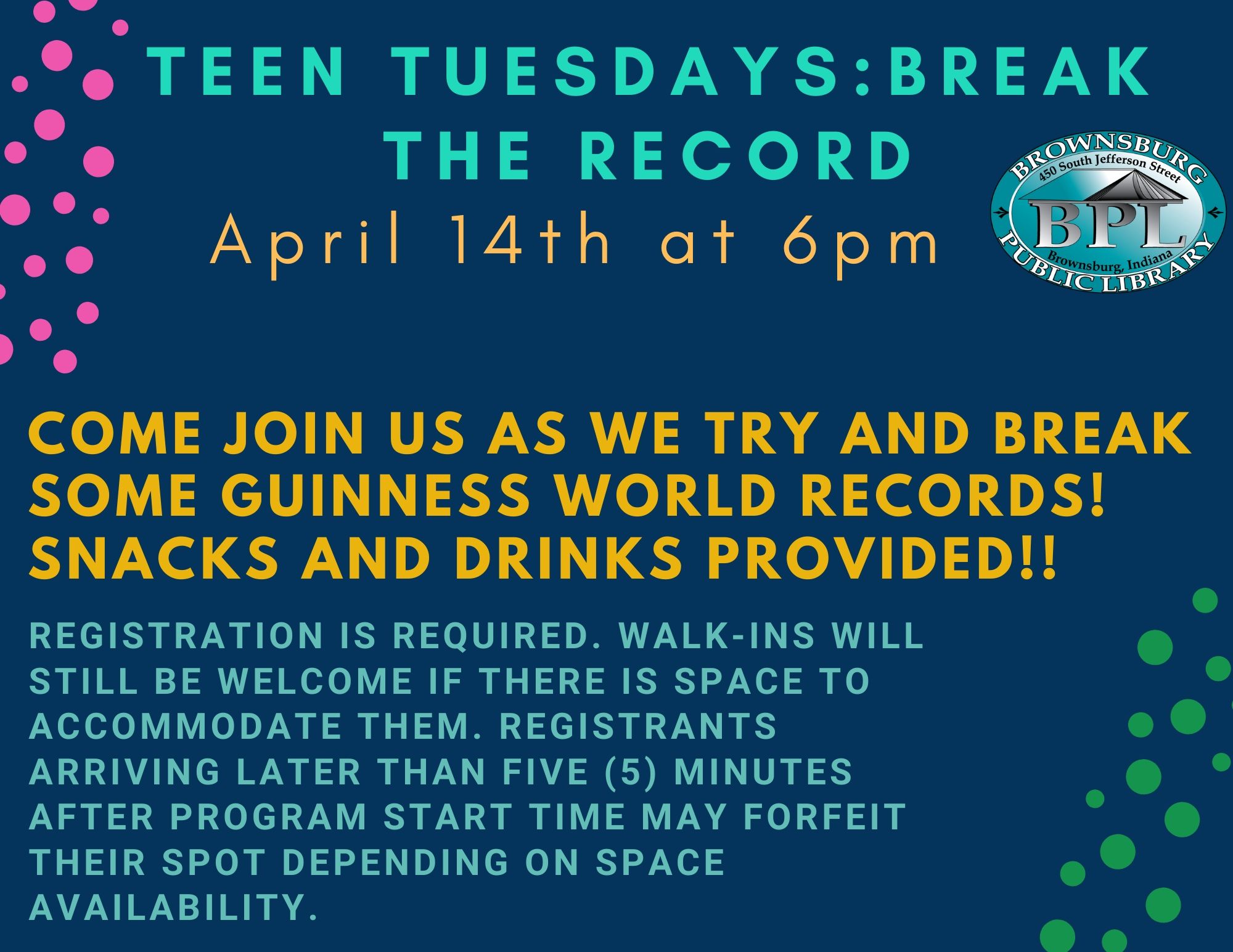 Teen Tuesdays: Break the Record April 14th at 6pm