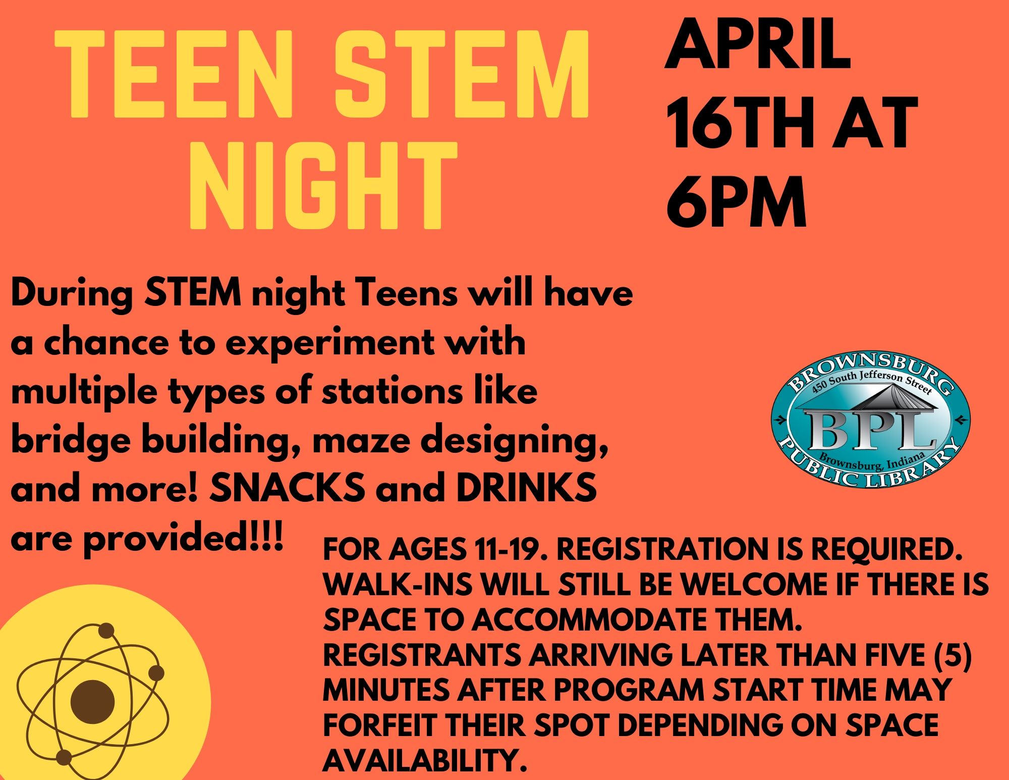 Teen STEM Night April 16th at 6pm