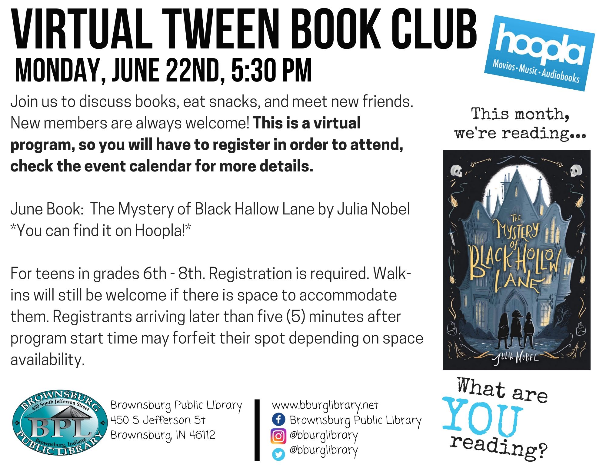 Tween Book Club June 22nd at 5:30