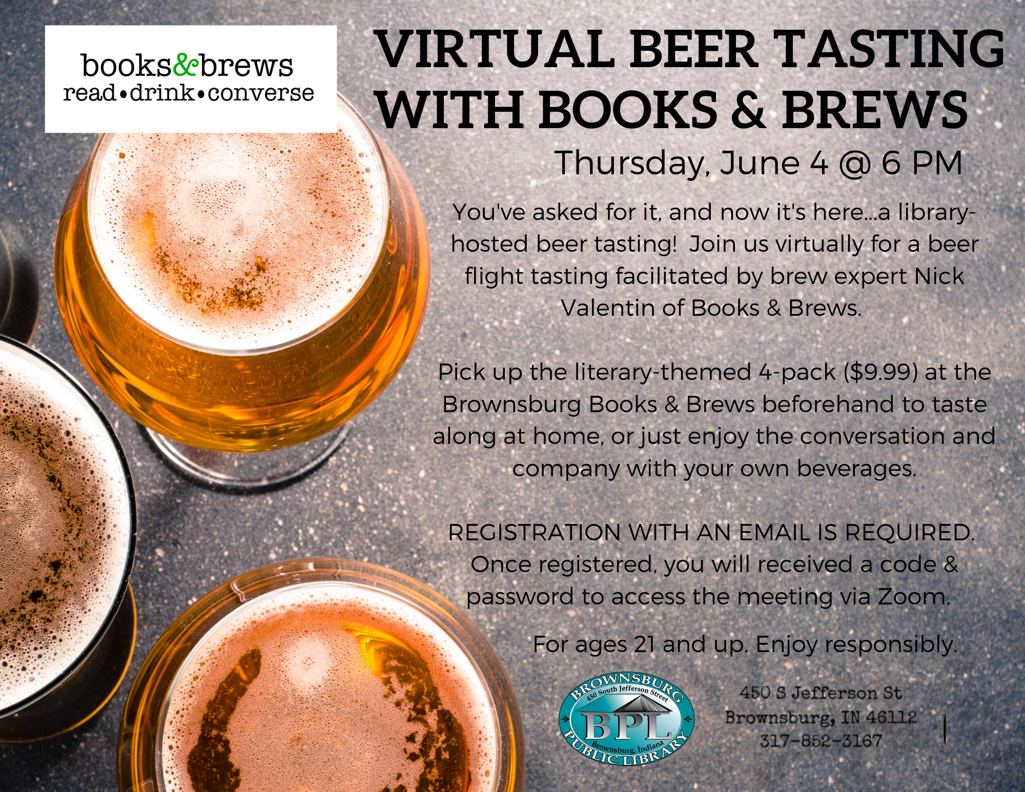 virtual beer tasting with books and brews thursday june 4 6 pm