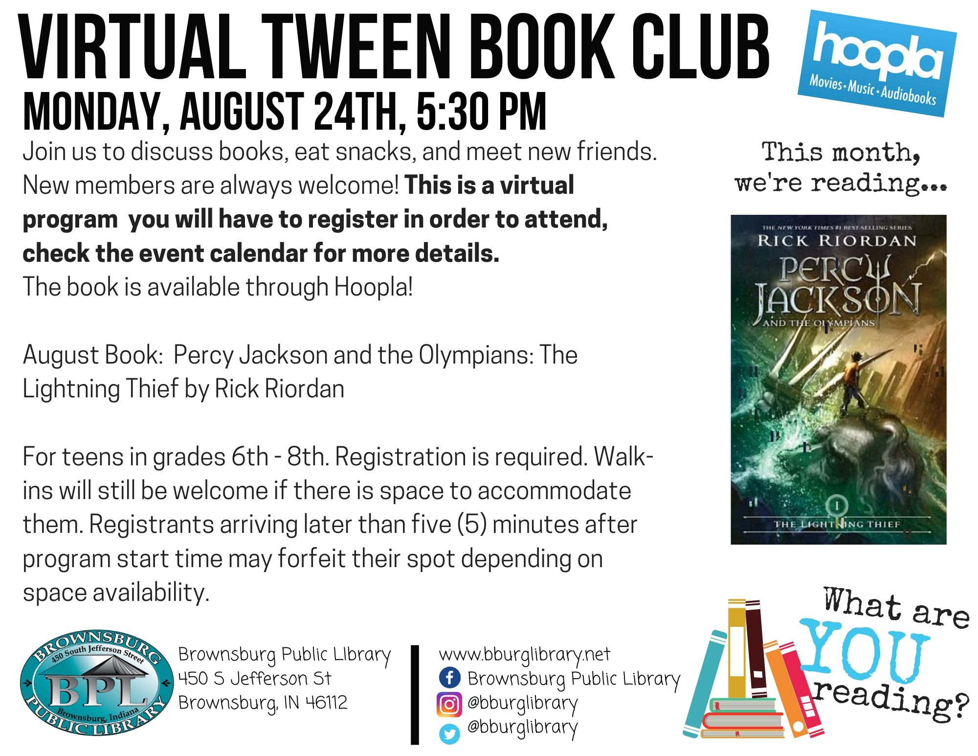 Tween Book Club August 24th at 5:30