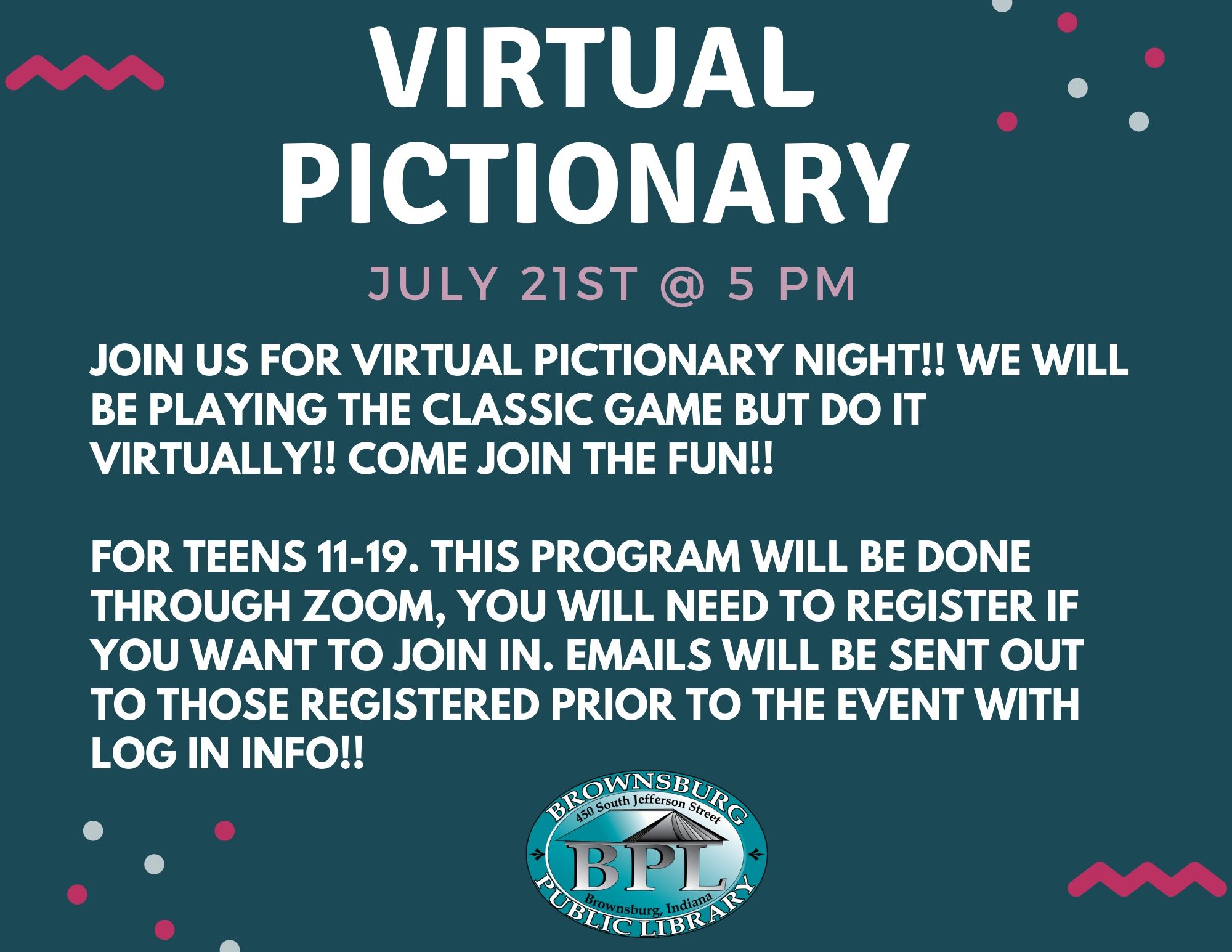 Virtual Pictionary July 21st at 5pm