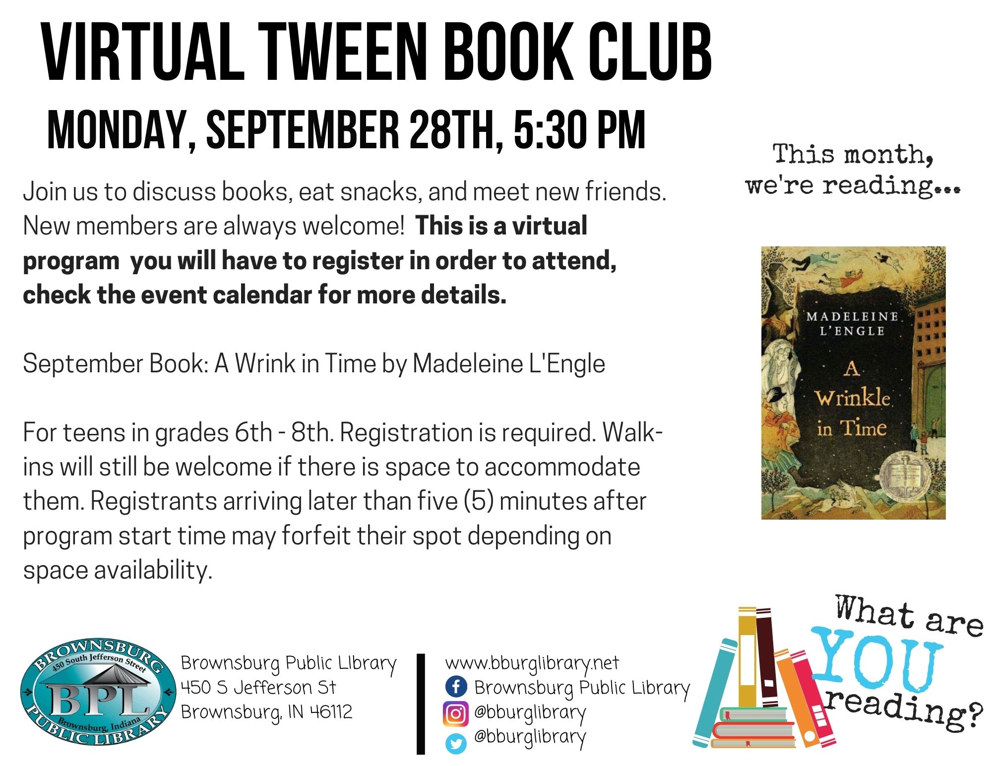 Tween Book Club September 28th at 5:30