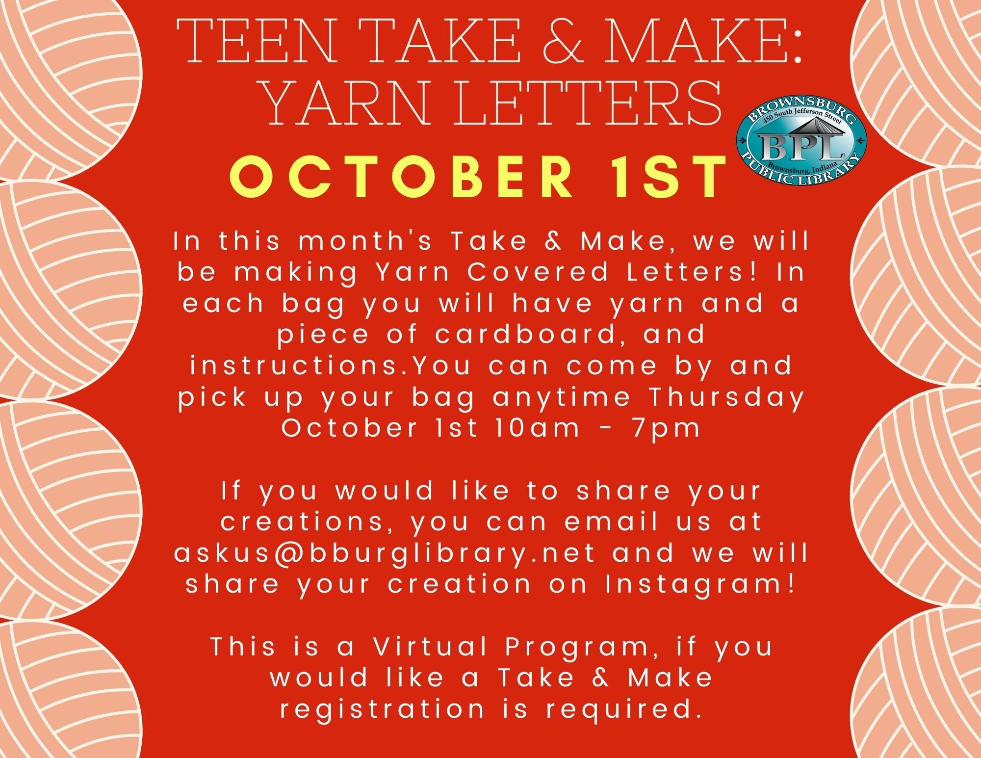 Teen Take and Make: Yarn Letters October 1st