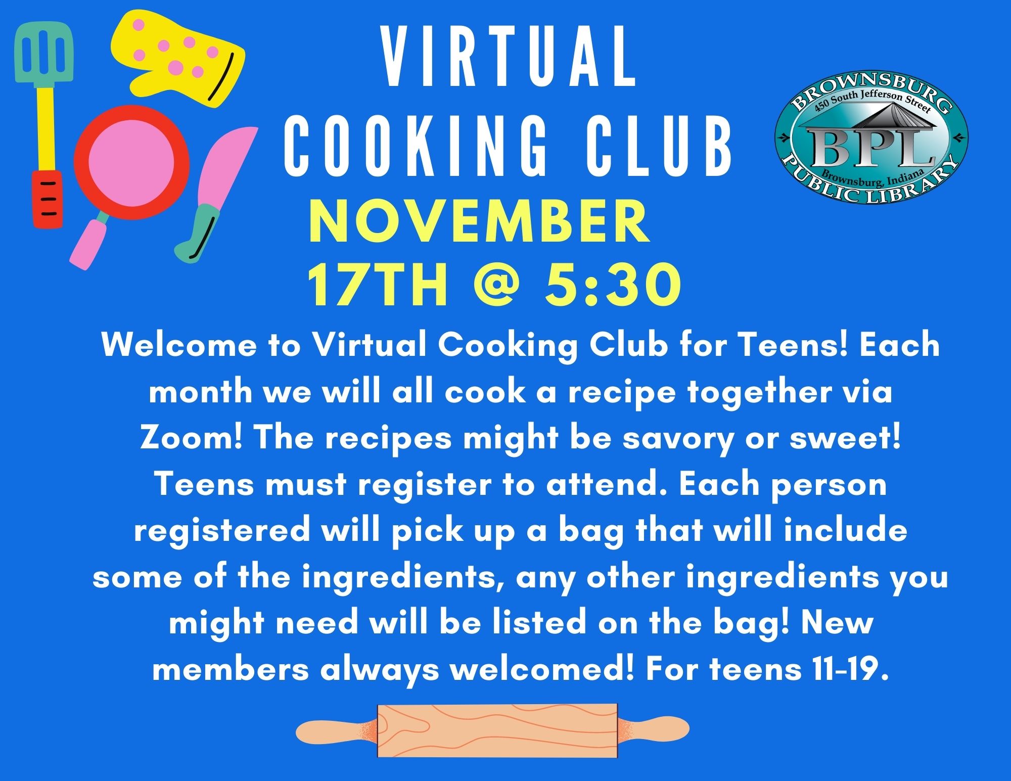 Virtual Cooking Club November 17th at 5:30
