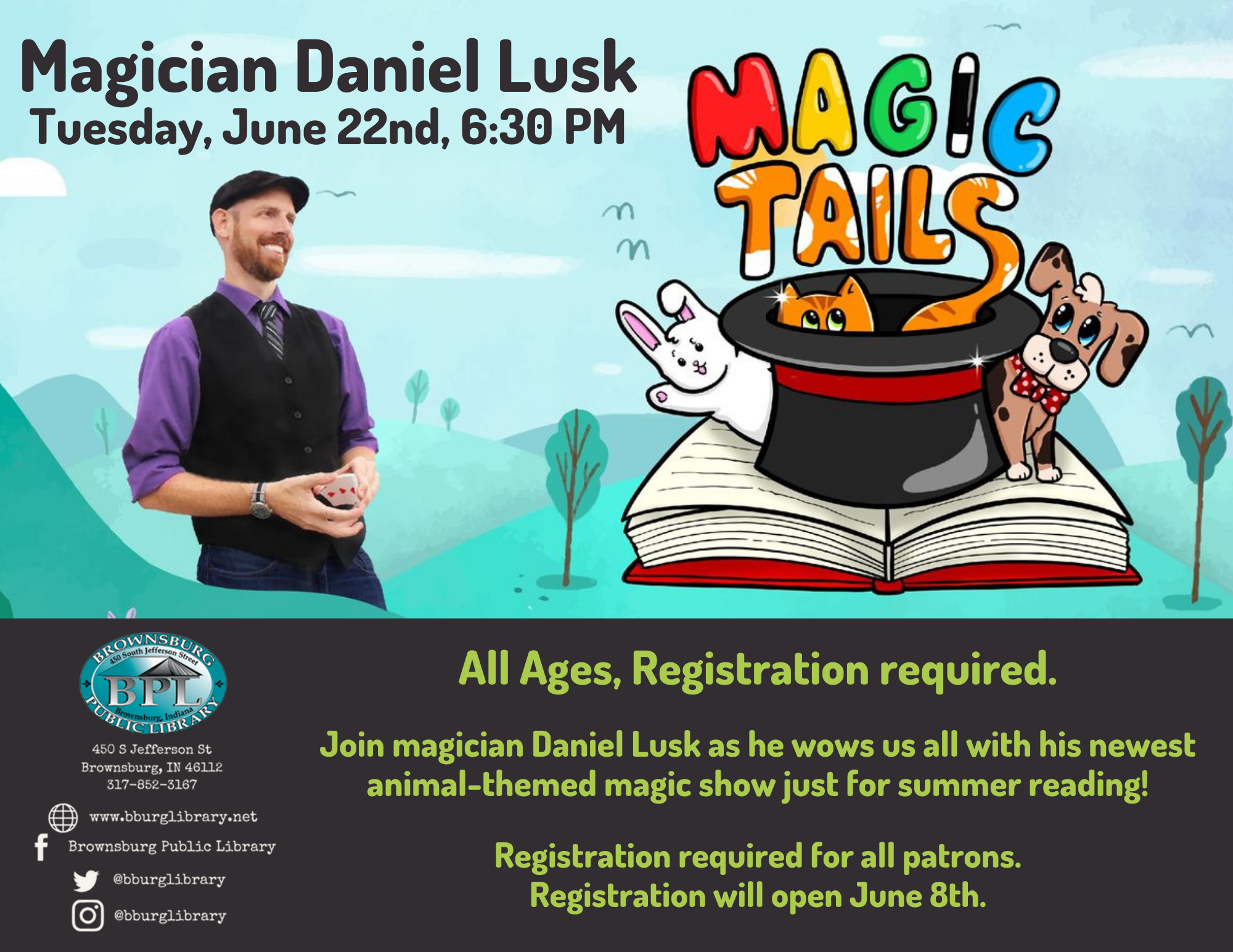 Hilly background with blue sky & trees with magician Daniel Lusk looking at an illustrated hat on a book with a bunny and the words Magic Tails above it.