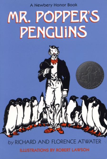 The cover of the book "Mr. Popper's Penguins" shows a man standing in the center of a group of penguins.