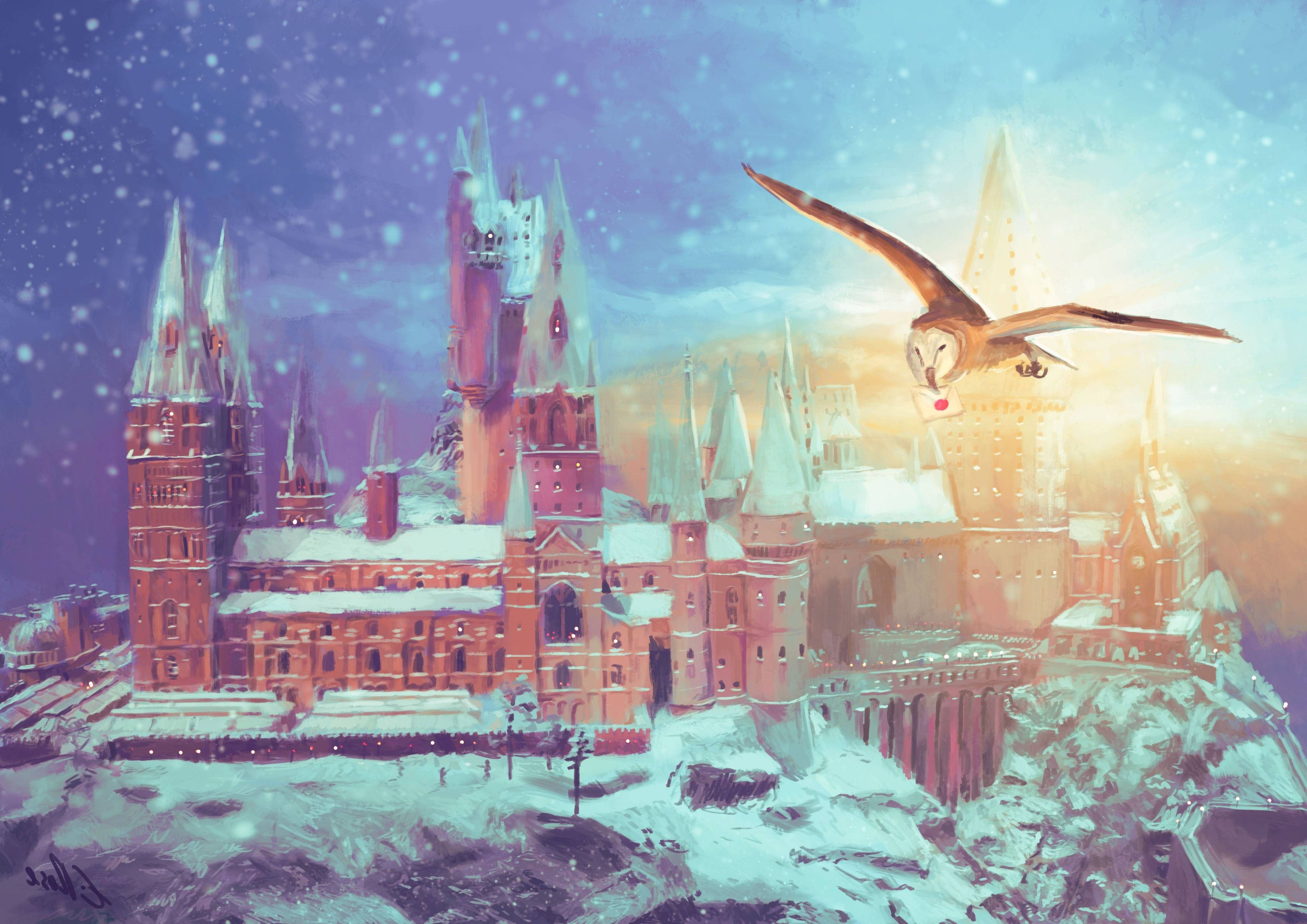 Hogwarts castle owl and snow
