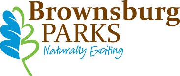 The image shows a blue and green leaf graphic with text saying Brownsburg Parks Naturally Exciting