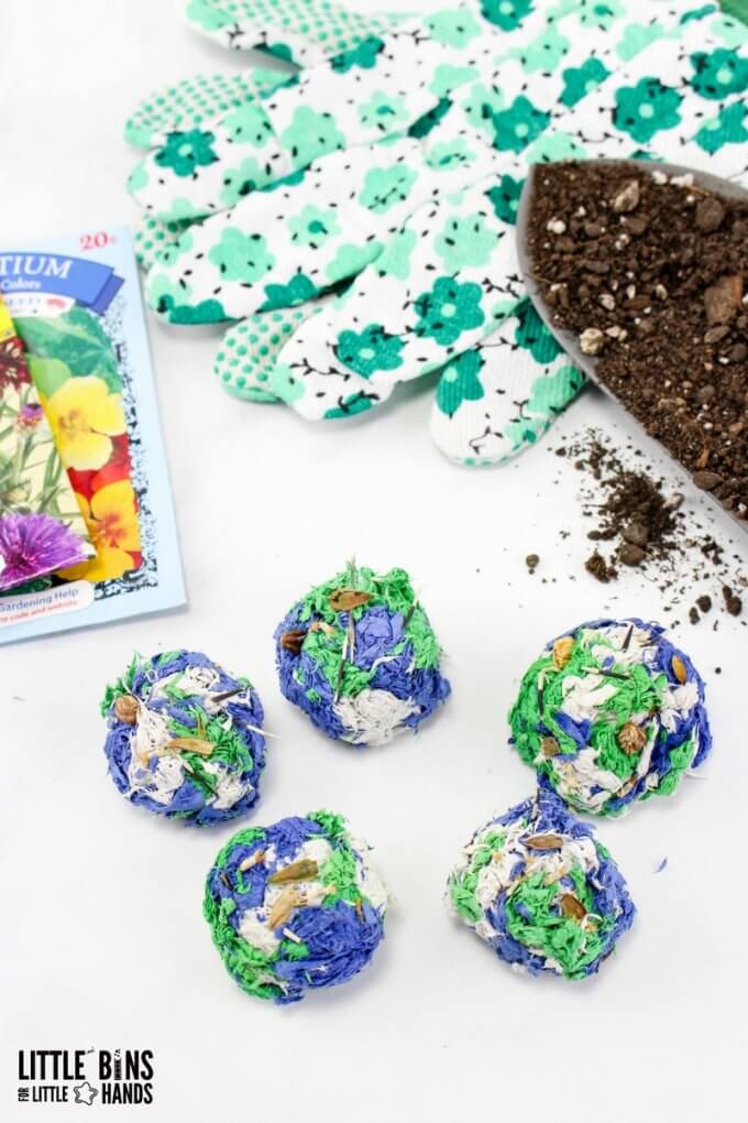 Homemade Seed Bombs, using paper and seeds surrounded by gardening materials.