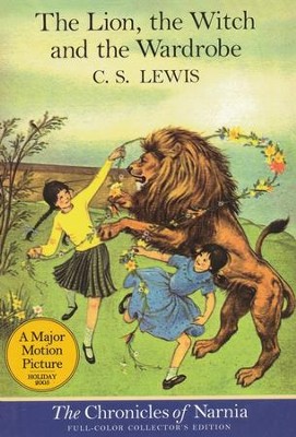 The cover of the book, "The Lion, the Witch and the Wardrobe" showing a lion dancing with two children.