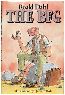 The cover of the book, "The BFG," showing a giant holding a little girl in his hand.