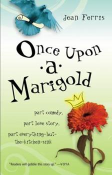 The cover of the book, "Once Upon a Marigold" shows a marigold with a crown on it in one corner and a crow in the opposite corner over a blue-green gradient background.