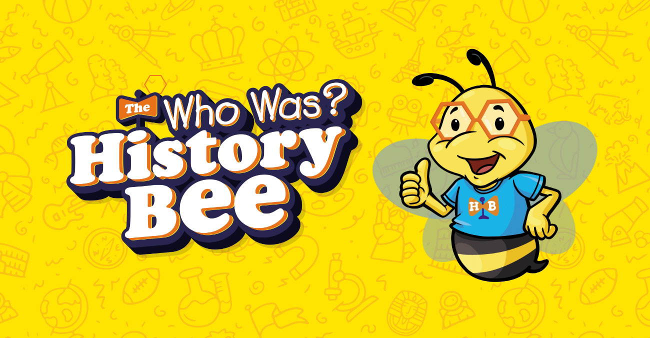 The words "Who Was? History Bee" next to a cartoon bee wearing a HB t-shirt and glasses.