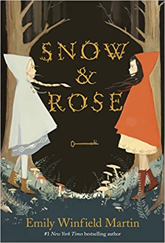 The Cover of the book, "Snow & Rose" showing one girl in white facing a girl in red standing in the middle of the woods.