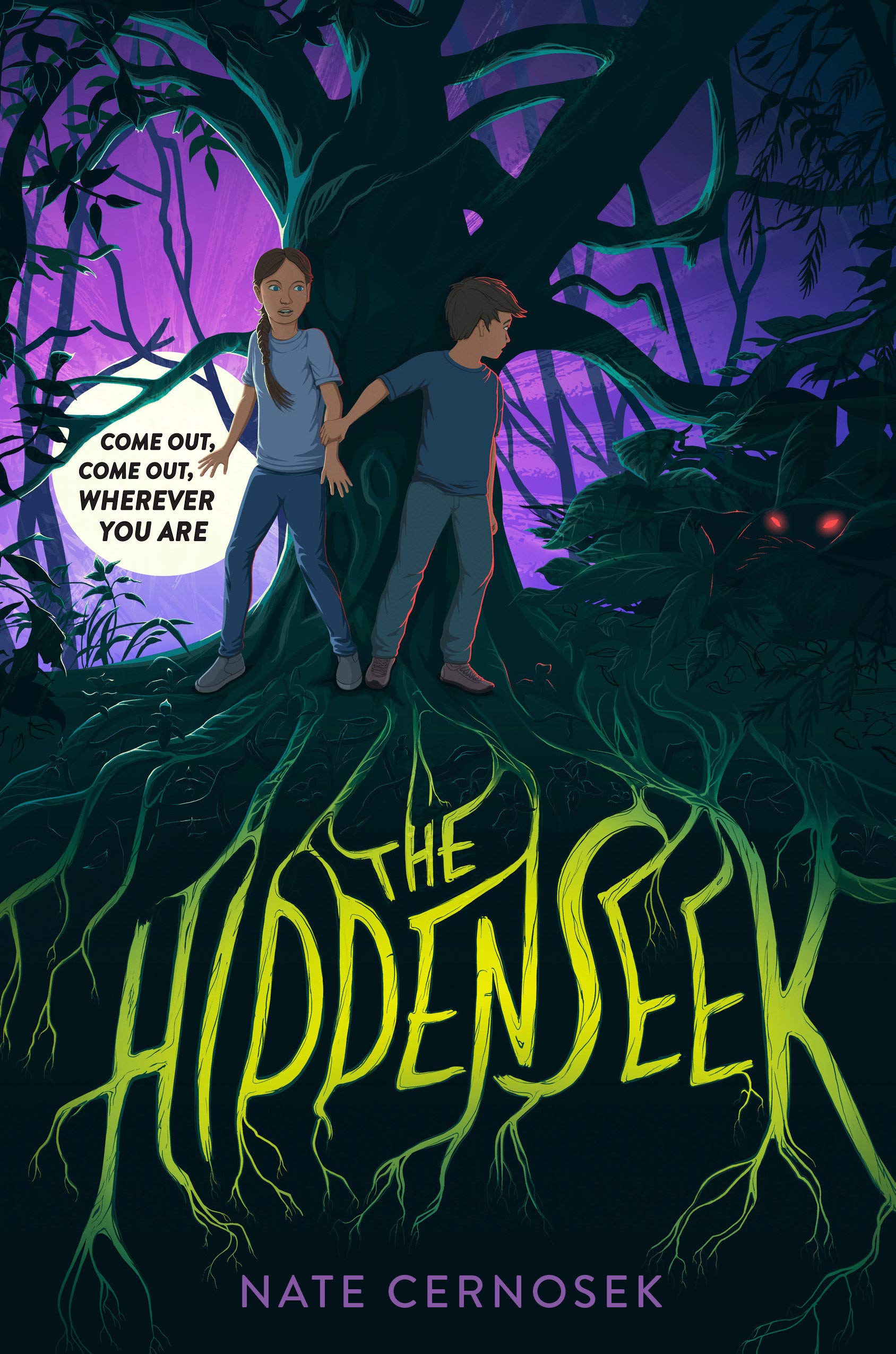 The cover of the book "Hiddenseek" by Nate Cernosek, showing two children hiding behind a tree with a purple sky behind them, and the words "Come out, Come out, wherever you are" beside them.