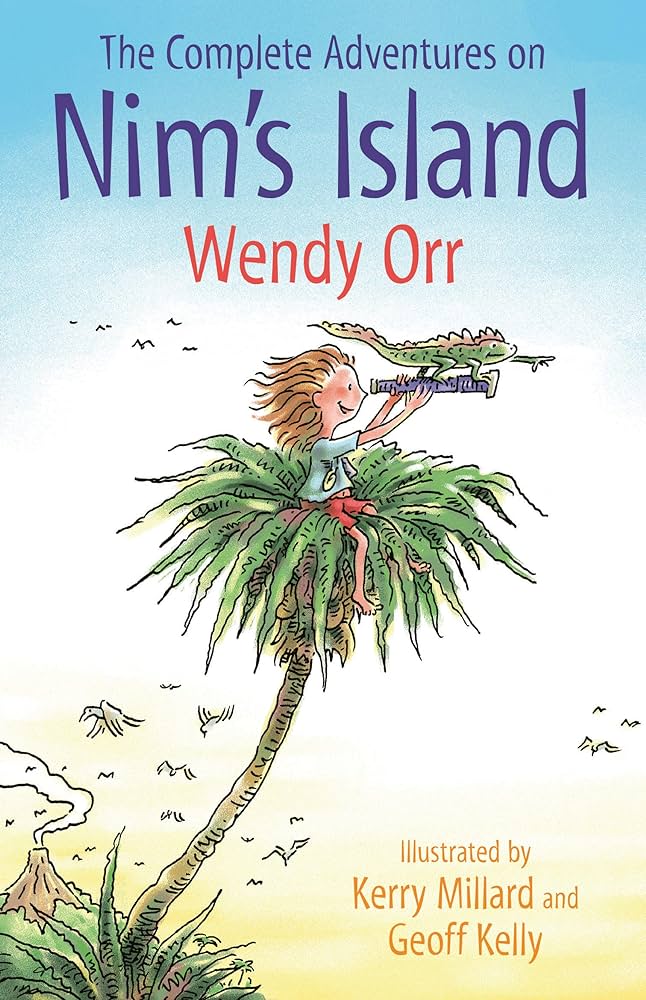 The cover of the book, "Nim's Island" shows a girl looking through a telescope sitting in the top of a palm tree.
