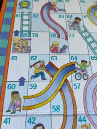A slice of a Chutes and Ladders game board, showing game squares and children sliding down chutes and climbing ladders.