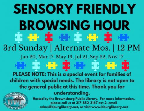 Teal Sensory Friendly Browsing Hour flyer with puzzle pieces, the library logo, and informational text about the program.