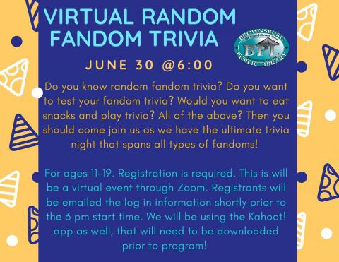 Random Fandom Trivia Night at 6 pm