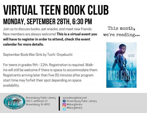 Teen Book Club September 28th at 6:30