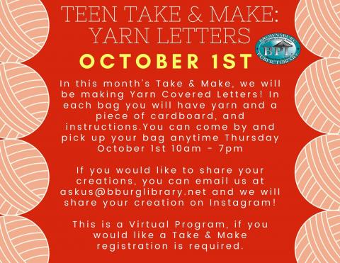 Teen Take and Make: Yarn Letters October 1st