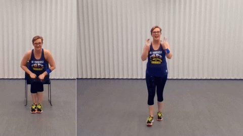 a woman demonstrating fitness steps in a chair next to the same woman demonstrating fitness steps standing