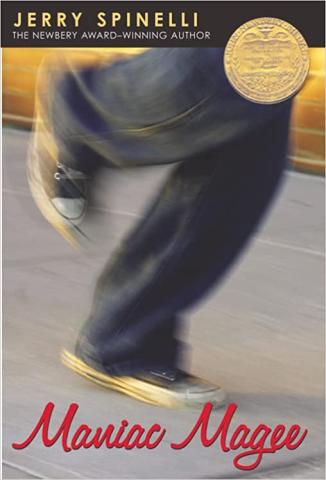 The cover of the book, "Maniac Magee" showing two running feet.