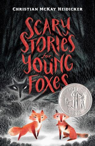 The Cover of the Book, "Scary Stories for Young Foxes" with red text on a black background and two foxes illuminated by moonlight.