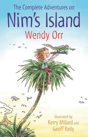 The cover of the book, "Nim's Island" shows a girl looking through a telescope sitting in the top of a palm tree.