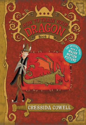 The cover of the book, "How to Train your Dragon" shows a Viking wall-hanging depicting a dragon, and a thin Viking boy leaning against the wall-hanging. 