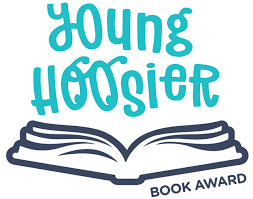 The image shows the logo of the Young Hoosier Book Award - the text reads "Young Hoosier" placed above an open book, with the words, "Book Award" underneath the book.