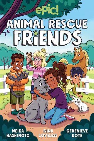 The cover of the book, "Animal Rescue Friends" by Gina Loveless and Meika Hashimoto, depicting a group of four young children petting or holding various animals. There is a tree and a fence and a horse in the background.