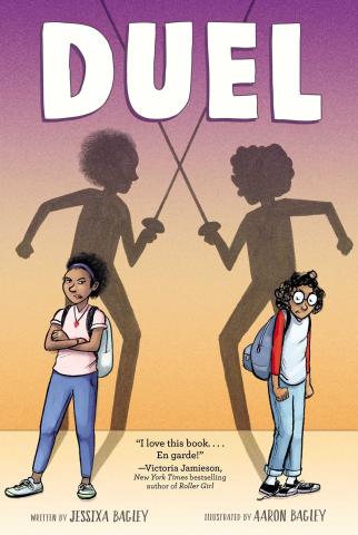 The cover of the book, "Duel" by Jessixa Bagley depicts two young people facing away from each other in body language which suggests hostility. Their shadows are fencing one another under the title. 