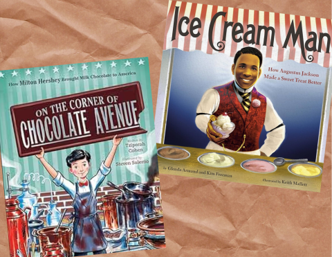 The covers of the books, "On the Corner of Chocolate Avenue" and "Ice Cream Man" against a crinkled paper background.