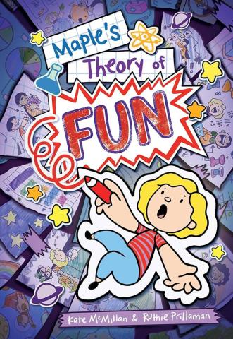 The cover of the book, "Maple's Theory of Fun" by Kate McMillan and Ruthie Prillaman depicts a cartoon girl with a red pencil, outlined like a sticker, and depicted as falling through space superimposed over a mess of what appear to be hand-drawn diary pages. 