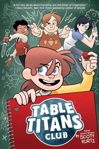 The cover of the book, "Table Titans Club" by Scott Kurtz depicts a girl in the foreground, holding a D20 and a notebook with the title of the book on it. In the background three other children wield cartoon weapons like a mace and a sword.