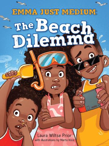 The cover of the book, "Emma Just Medium: The Beach Dilemma" depicts three kids, standing from smallest to tallest. The little one picks his nose while the tall one holds a handheld gaming system. The girl in the middle has arms crossed and looks distressed.
