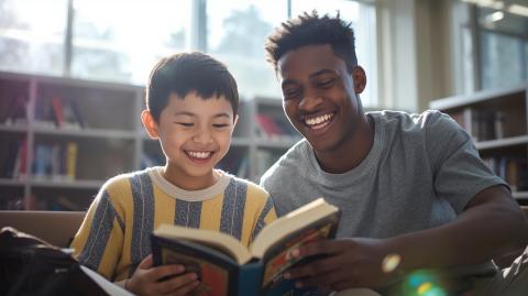 The image shows a smiling young boy of Asian descent reading an open book next to a smiling black teenager.