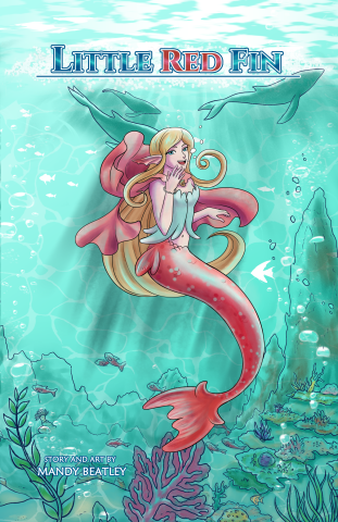 The cover of a graphic novel called "Little Red Fin" by Mandy Beatley. The cover is teal, with a mermaid in the center.